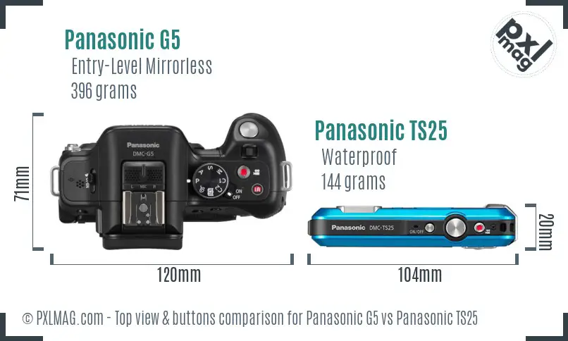 Panasonic G5 vs Panasonic TS25 top view buttons comparison