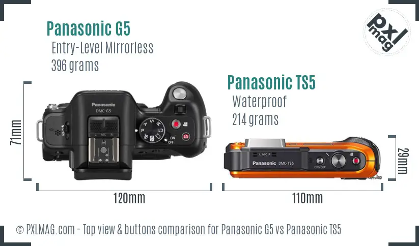 Panasonic G5 vs Panasonic TS5 top view buttons comparison
