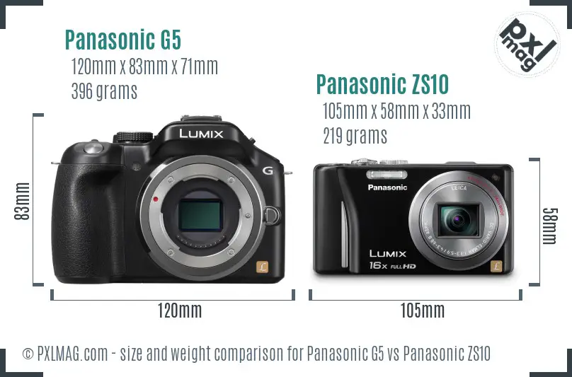 Panasonic G5 vs Panasonic ZS10 size comparison