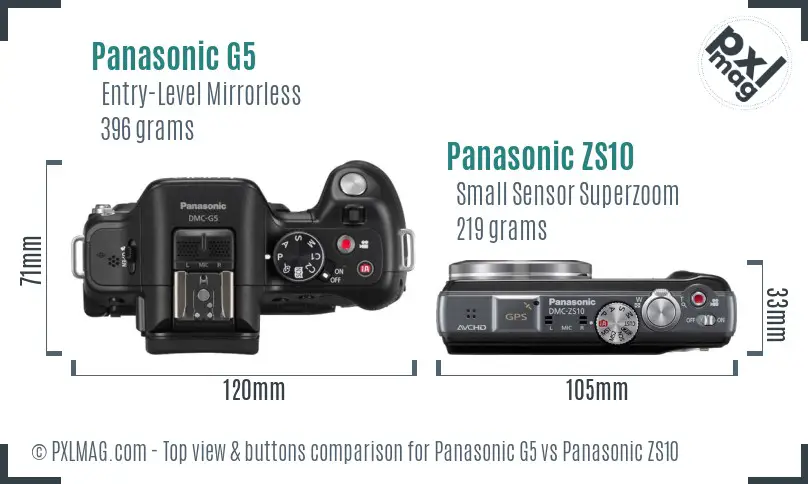 Panasonic G5 vs Panasonic ZS10 top view buttons comparison