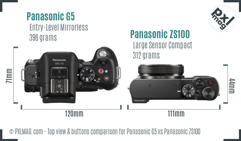 Panasonic G5 vs Panasonic ZS100 top view buttons comparison