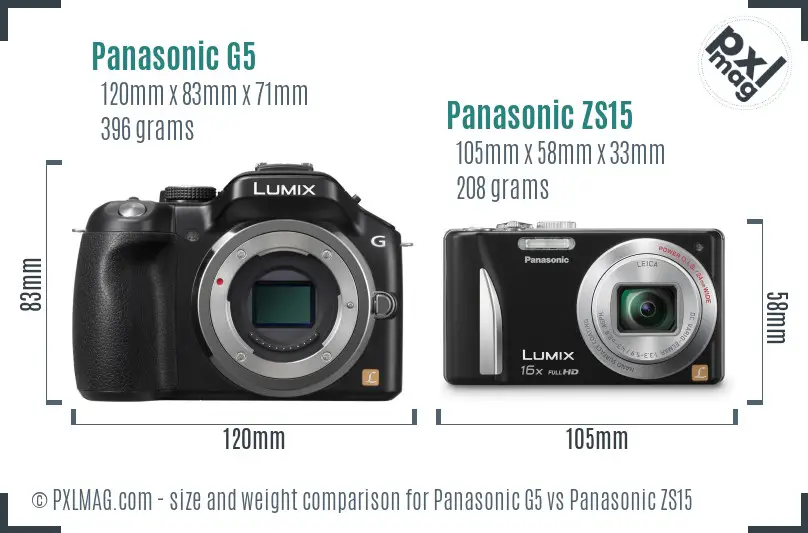 Panasonic G5 vs Panasonic ZS15 size comparison