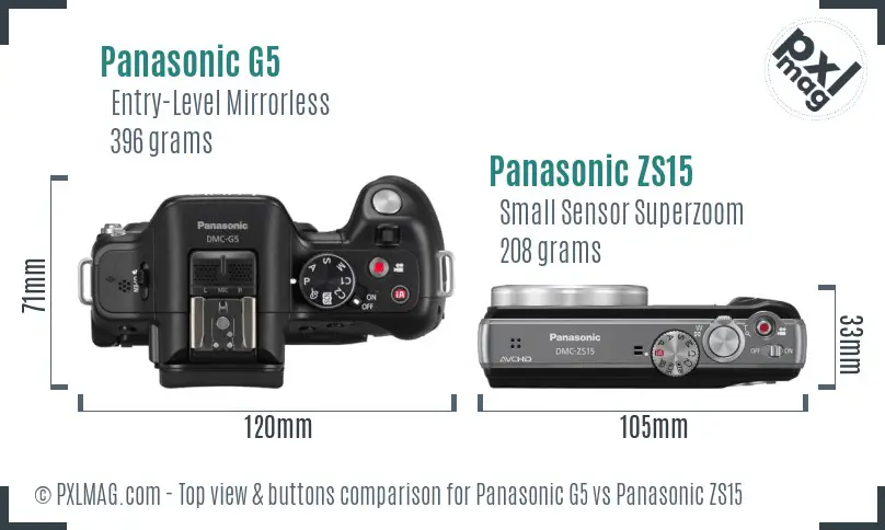 Panasonic G5 vs Panasonic ZS15 top view buttons comparison
