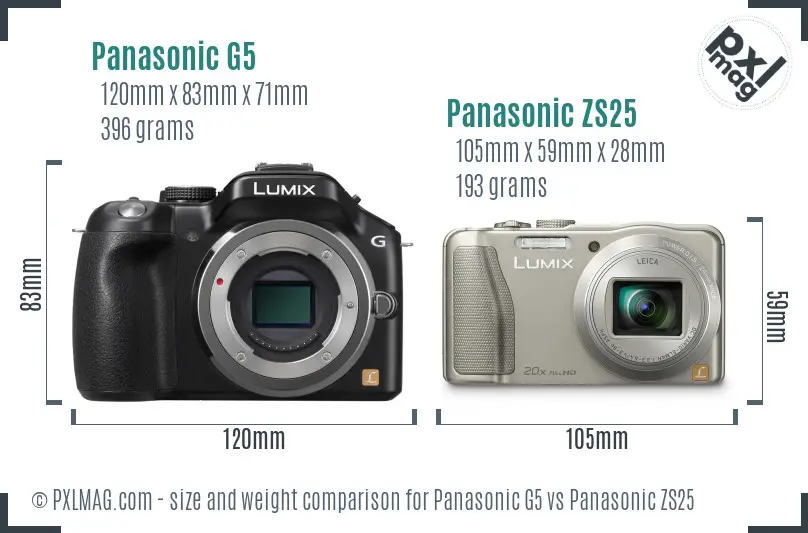Panasonic G5 vs Panasonic ZS25 size comparison