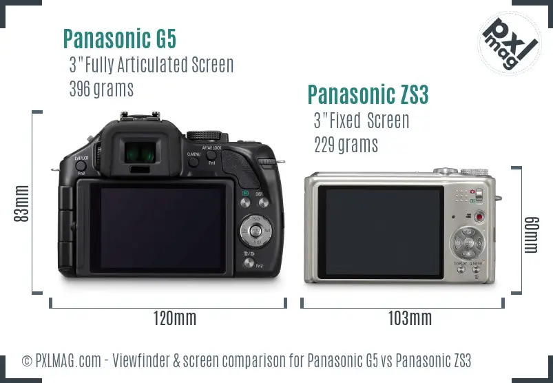 Panasonic G5 vs Panasonic ZS3 Screen and Viewfinder comparison