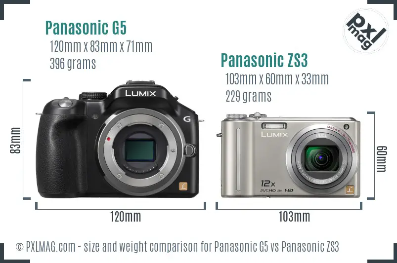 Panasonic G5 vs Panasonic ZS3 size comparison