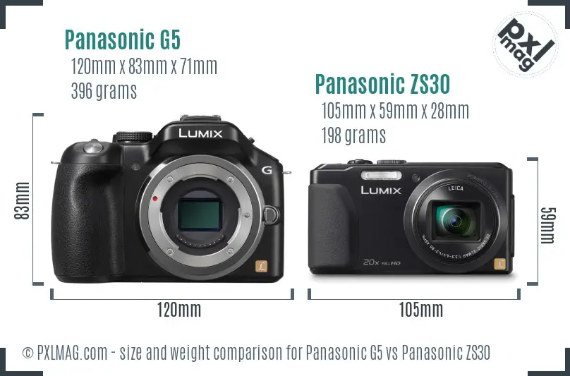 Panasonic G5 vs Panasonic ZS30 size comparison