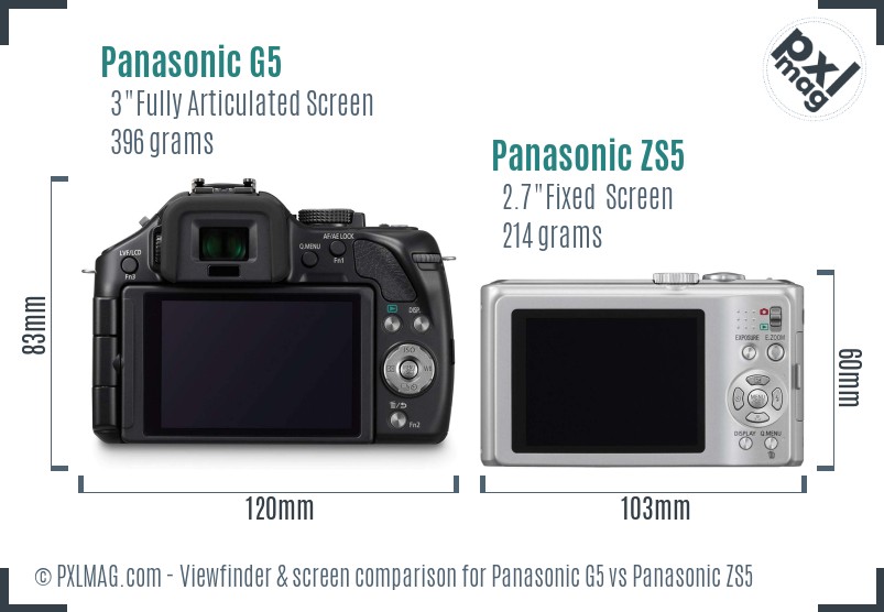 Panasonic G5 vs Panasonic ZS5 Screen and Viewfinder comparison