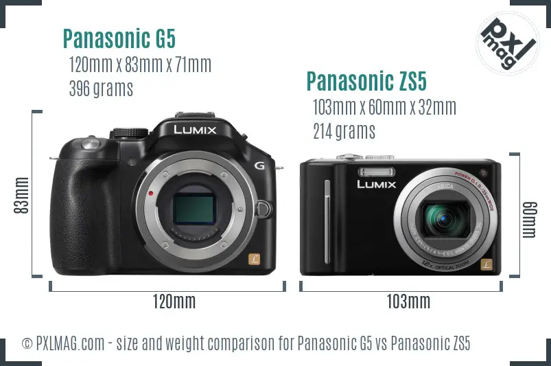 Panasonic G5 vs Panasonic ZS5 size comparison