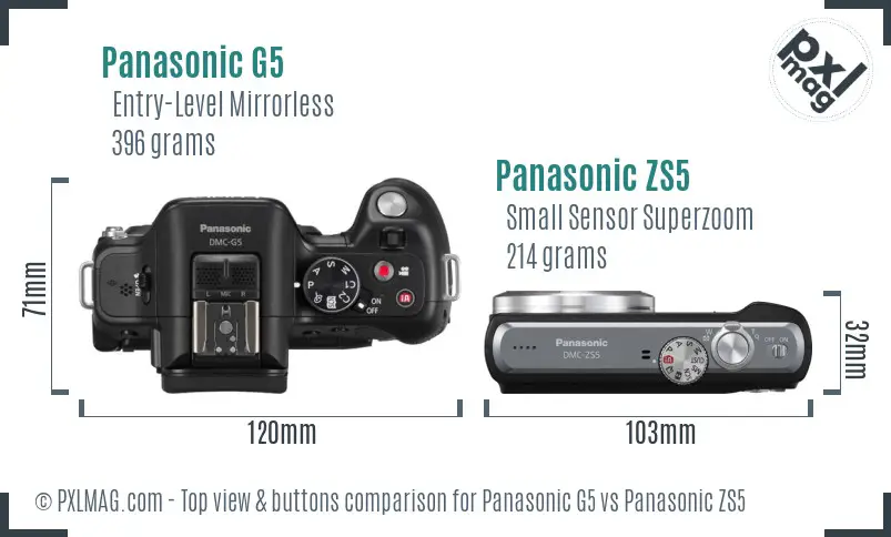 Panasonic G5 vs Panasonic ZS5 top view buttons comparison