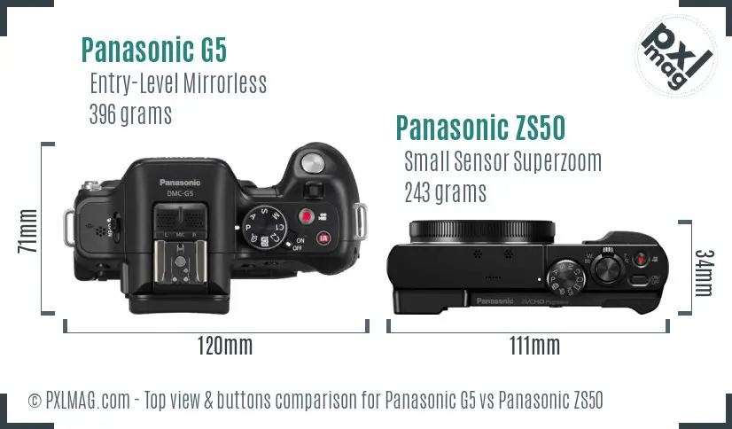Panasonic G5 vs Panasonic ZS50 top view buttons comparison