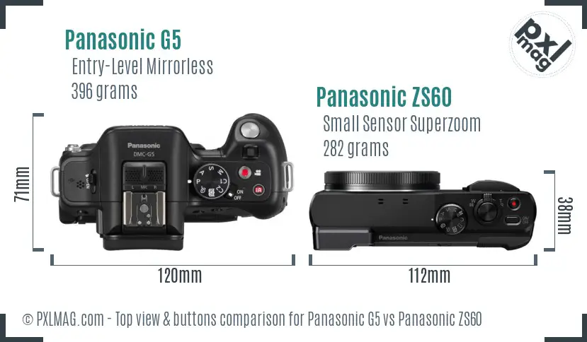 Panasonic G5 vs Panasonic ZS60 top view buttons comparison