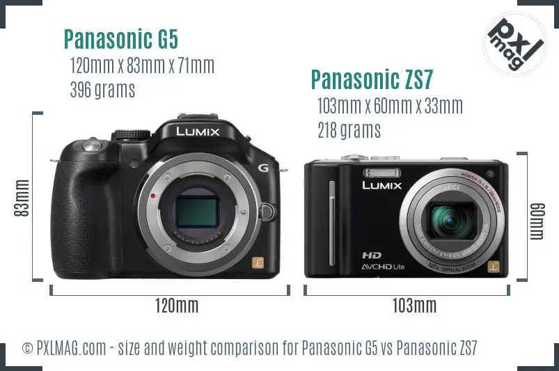 Panasonic G5 vs Panasonic ZS7 size comparison