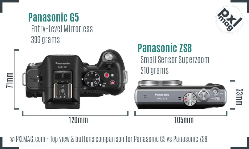 Panasonic G5 vs Panasonic ZS8 top view buttons comparison
