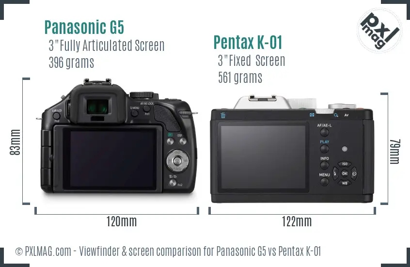 Panasonic G5 vs Pentax K-01 Screen and Viewfinder comparison
