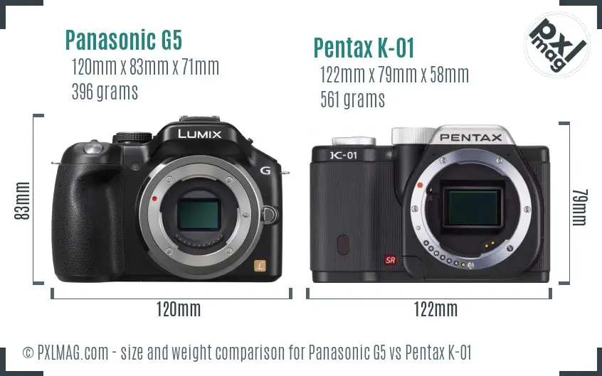 Panasonic G5 vs Pentax K-01 size comparison
