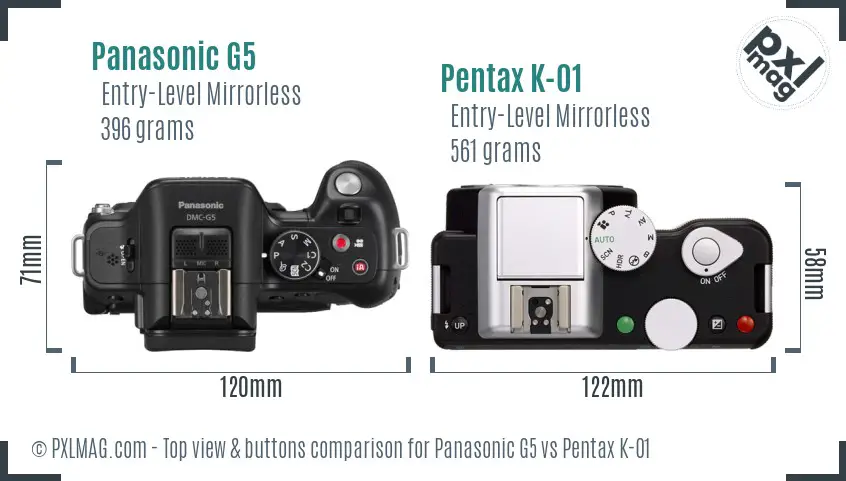 Panasonic G5 vs Pentax K-01 top view buttons comparison