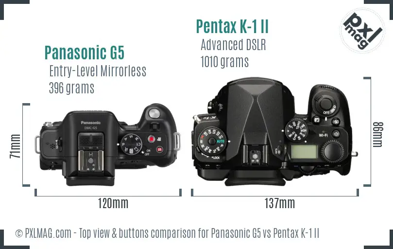Panasonic G5 vs Pentax K-1 II top view buttons comparison