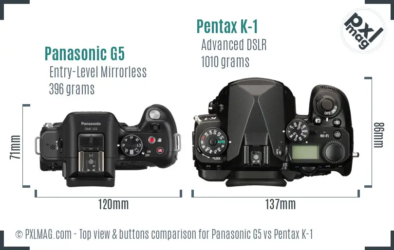 Panasonic G5 vs Pentax K-1 top view buttons comparison