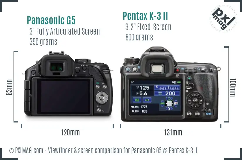 Panasonic G5 vs Pentax K-3 II Screen and Viewfinder comparison