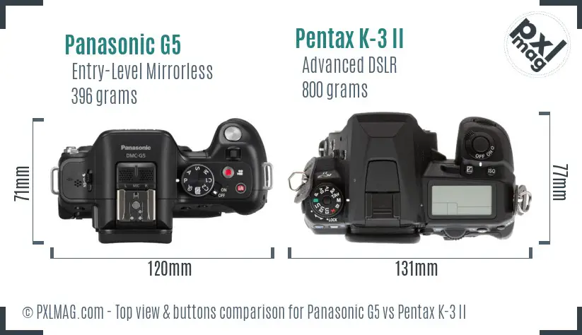 Panasonic G5 vs Pentax K-3 II top view buttons comparison