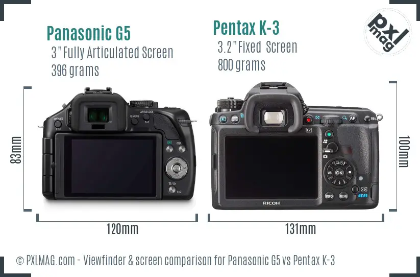 Panasonic G5 vs Pentax K-3 Screen and Viewfinder comparison