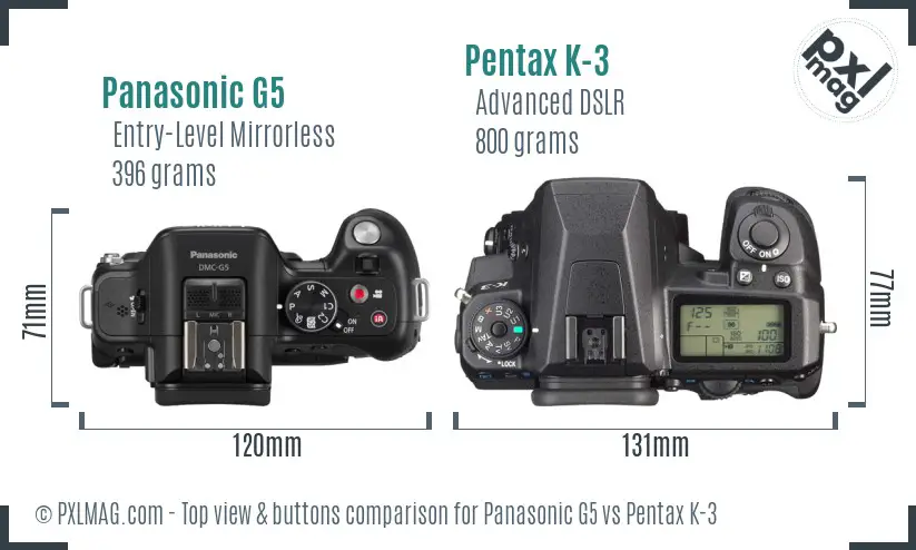 Panasonic G5 vs Pentax K-3 top view buttons comparison