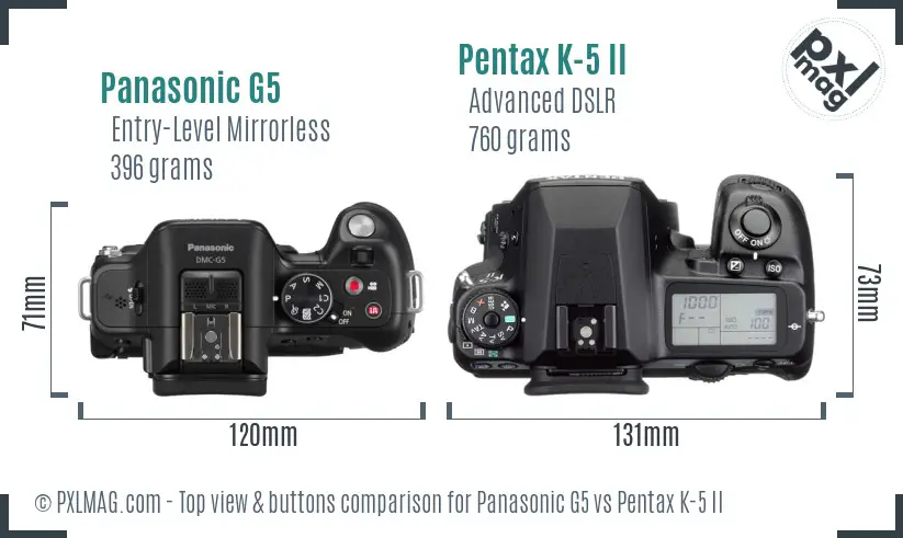 Panasonic G5 vs Pentax K-5 II top view buttons comparison