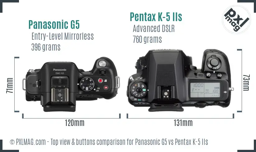Panasonic G5 vs Pentax K-5 IIs top view buttons comparison