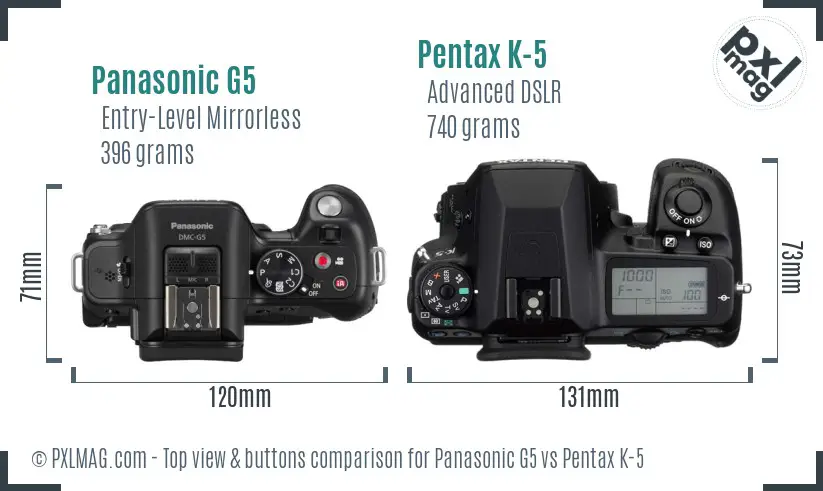 Panasonic G5 vs Pentax K-5 top view buttons comparison