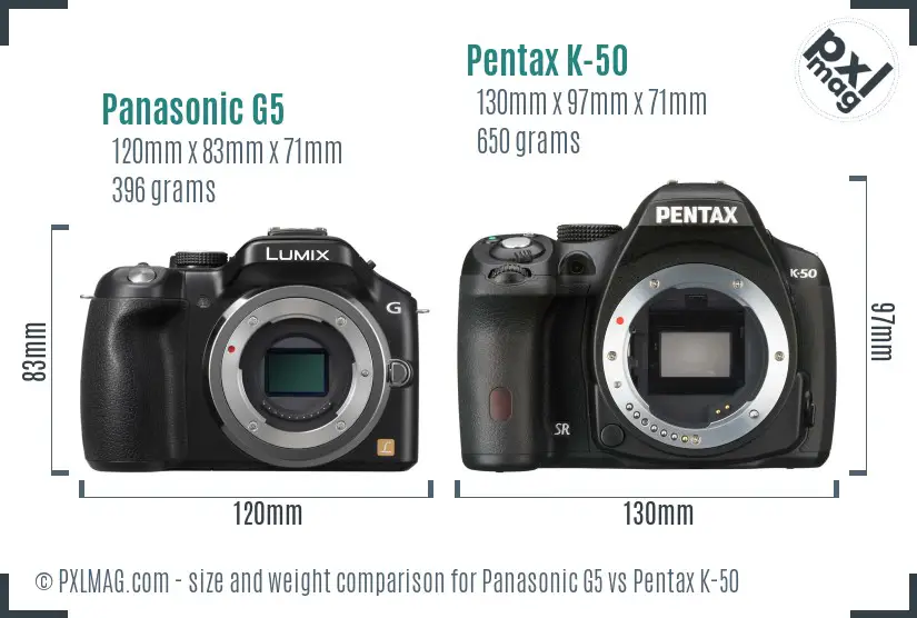 Panasonic G5 vs Pentax K-50 size comparison