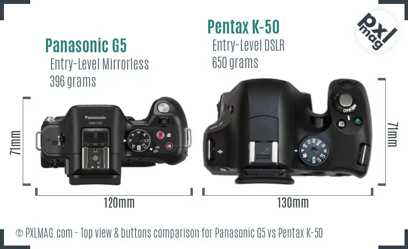 Panasonic G5 vs Pentax K-50 top view buttons comparison