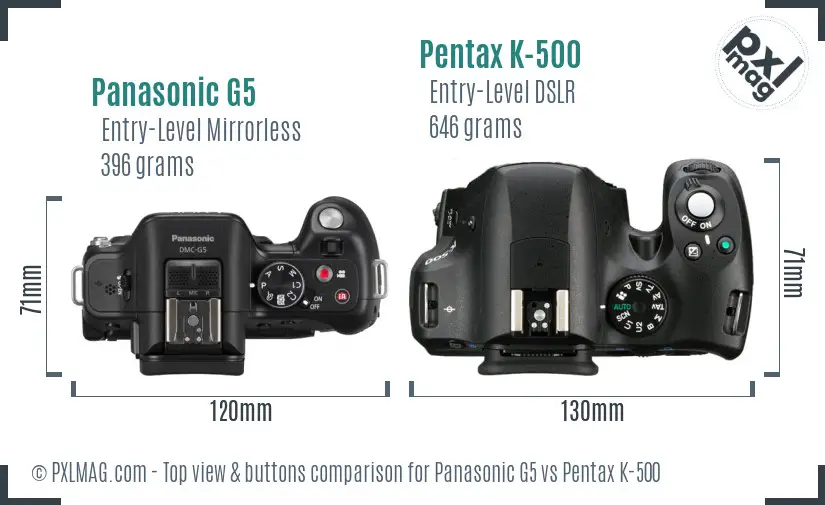 Panasonic G5 vs Pentax K-500 top view buttons comparison
