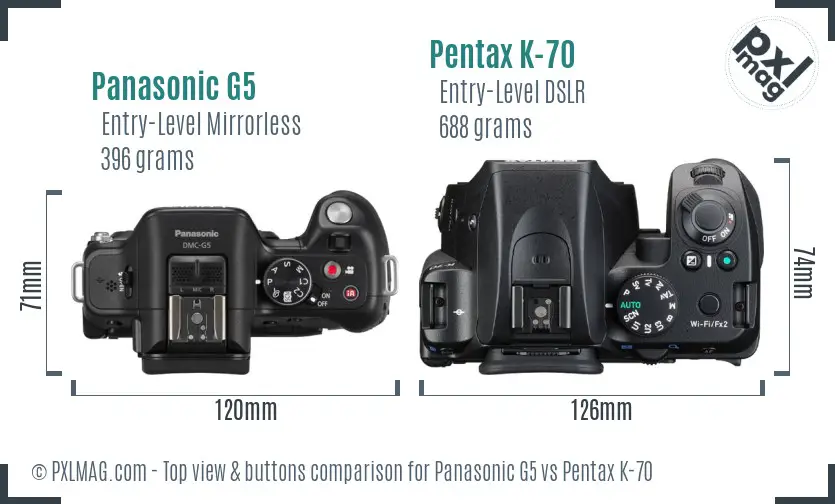 Panasonic G5 vs Pentax K-70 top view buttons comparison
