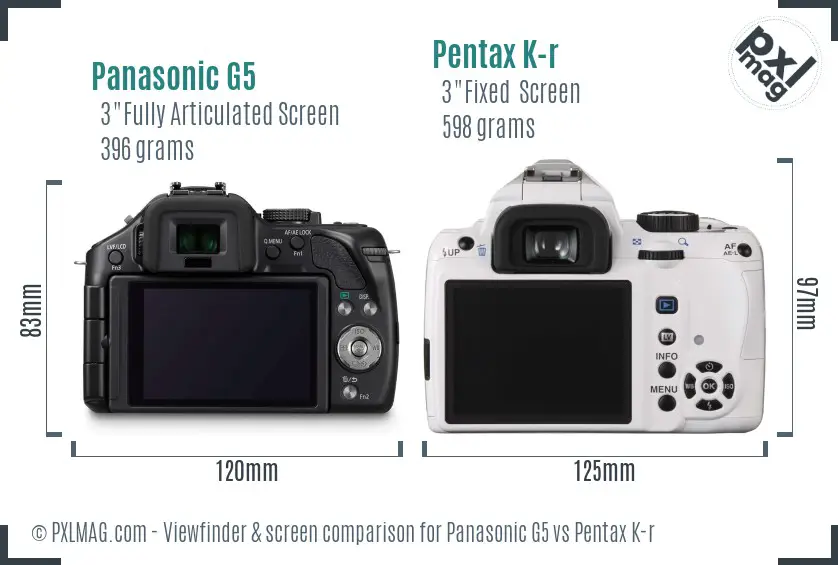 Panasonic G5 vs Pentax K-r Screen and Viewfinder comparison