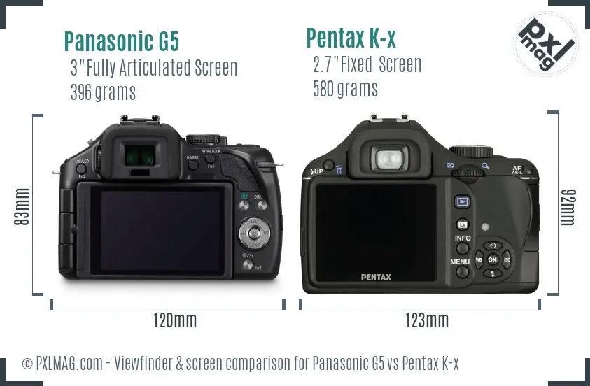 Panasonic G5 vs Pentax K-x Screen and Viewfinder comparison