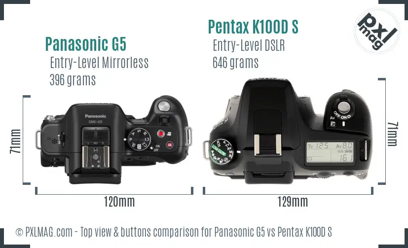 Panasonic G5 vs Pentax K100D S top view buttons comparison