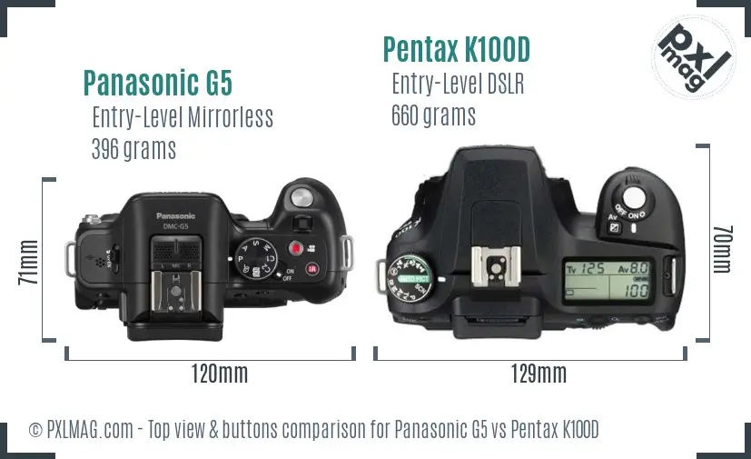 Panasonic G5 vs Pentax K100D top view buttons comparison