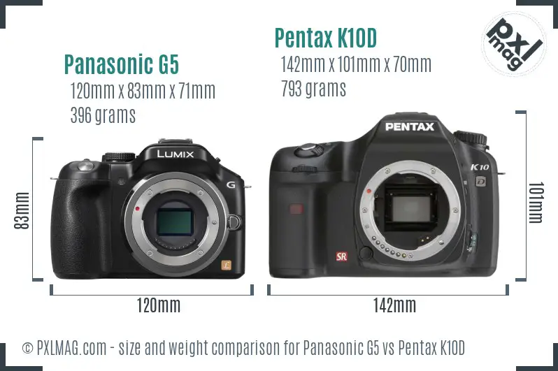 Panasonic G5 vs Pentax K10D size comparison