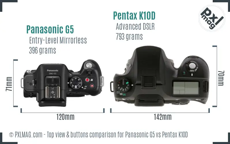 Panasonic G5 vs Pentax K10D top view buttons comparison