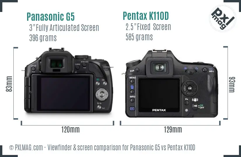 Panasonic G5 vs Pentax K110D Screen and Viewfinder comparison