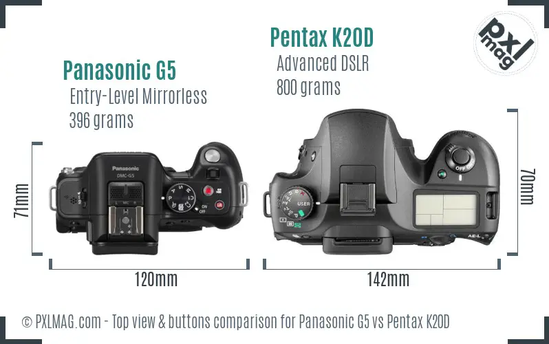 Panasonic G5 vs Pentax K20D top view buttons comparison
