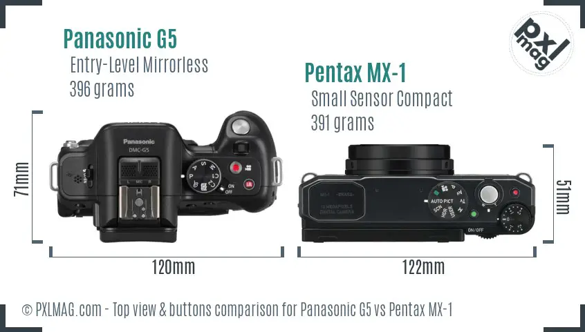 Panasonic G5 vs Pentax MX-1 top view buttons comparison