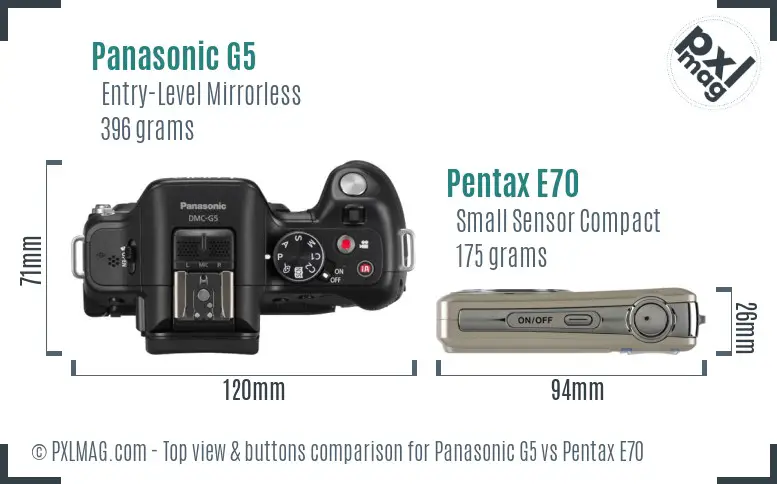 Panasonic G5 vs Pentax E70 top view buttons comparison