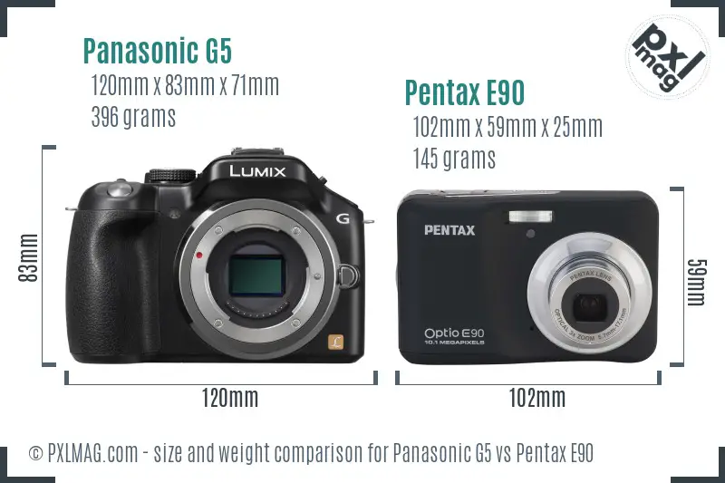 Panasonic G5 vs Pentax E90 size comparison