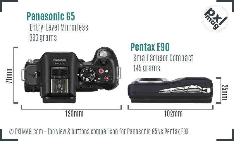 Panasonic G5 vs Pentax E90 top view buttons comparison