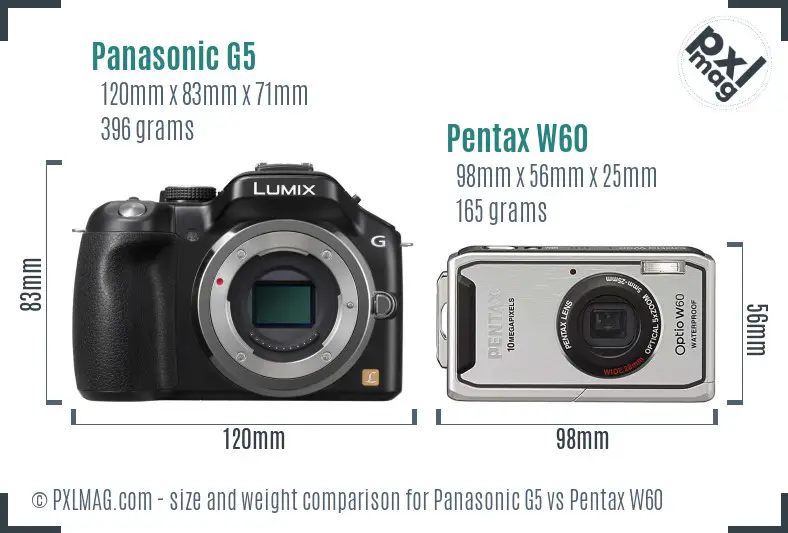 Panasonic G5 vs Pentax W60 size comparison