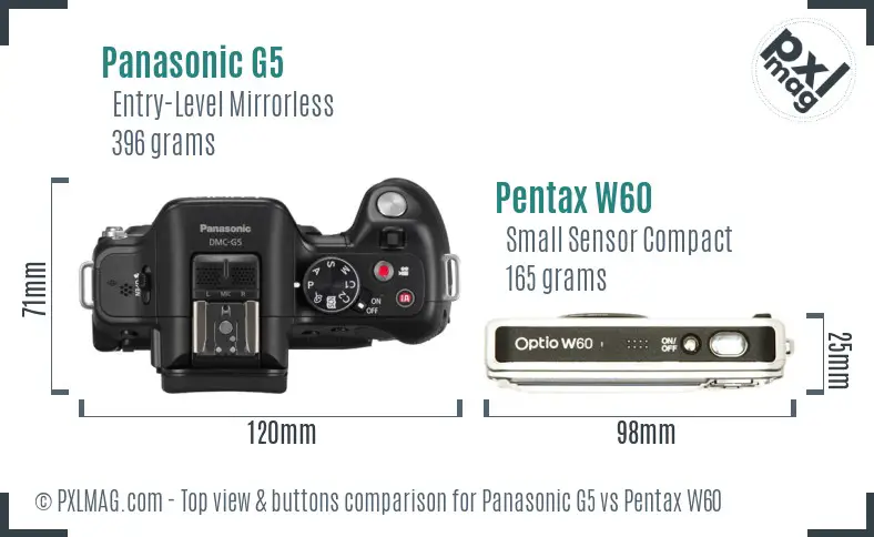 Panasonic G5 vs Pentax W60 top view buttons comparison