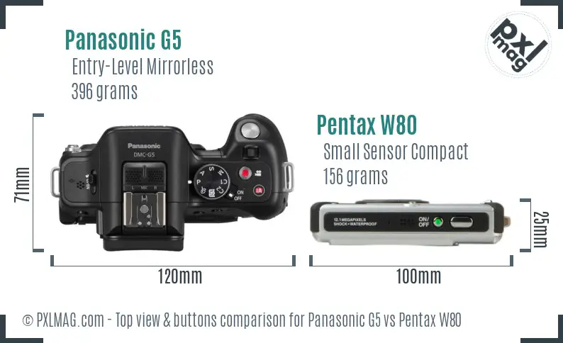 Panasonic G5 vs Pentax W80 top view buttons comparison