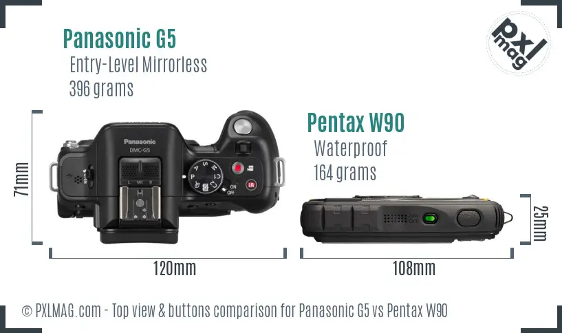 Panasonic G5 vs Pentax W90 top view buttons comparison